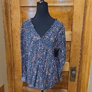 Mason And Belle Floral Long Sleeve Blue Peasant  Top L